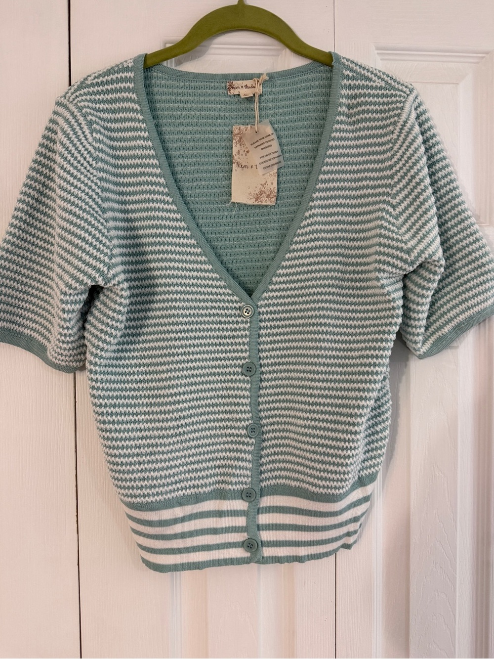 Hem & Thread Mint and White Short-Sleeve V-Neck Button Cardigan
